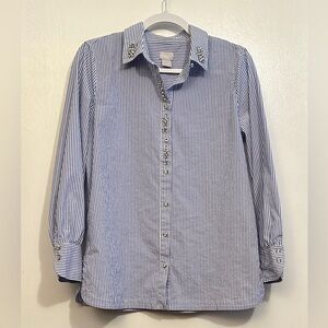 Chico’s Blue and White Striped Button Down Shirt with Embellishments, Size 8/10